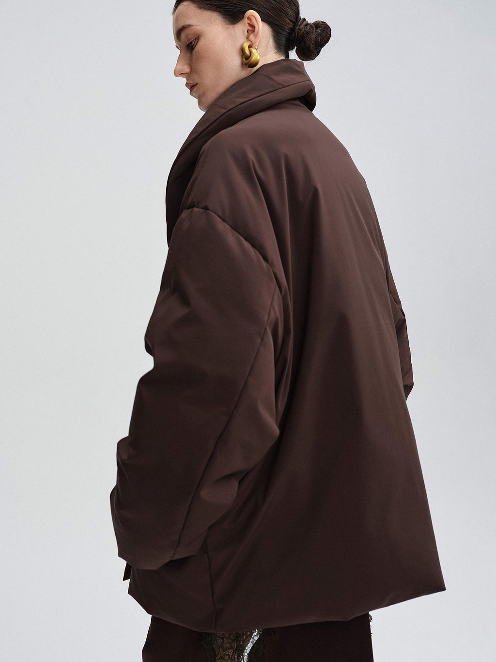 audreyyang Warm 90% Duck Down Loose Casual Stand Collar Women Chocolate Brown Down Jackets