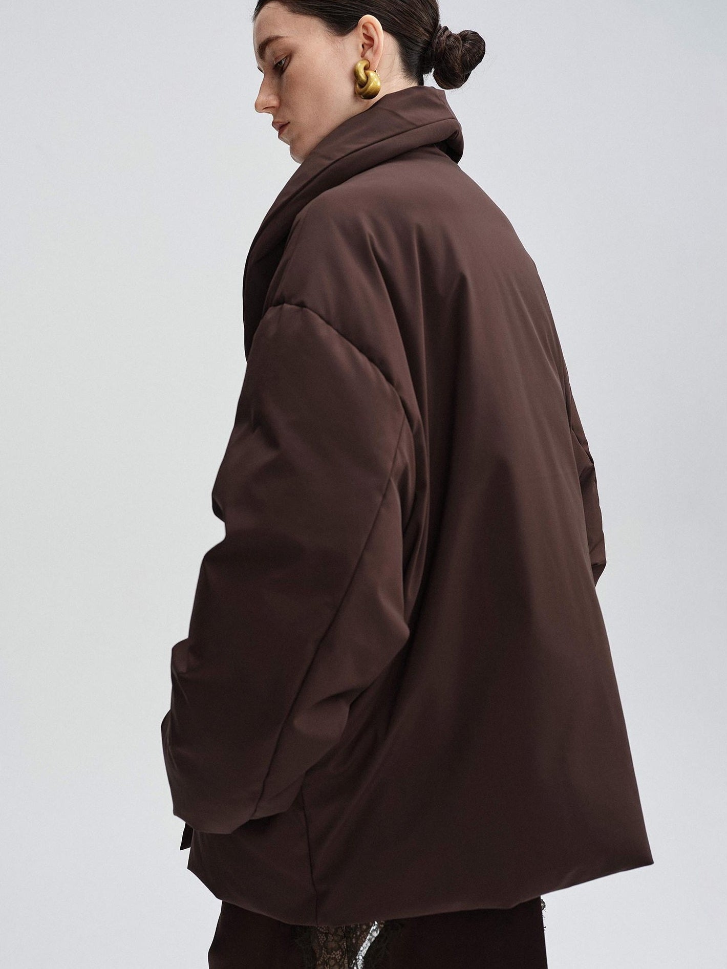 audreyyang Warm 90% Duck Down Loose Casual Stand Collar Women Chocolate Brown Down Jackets