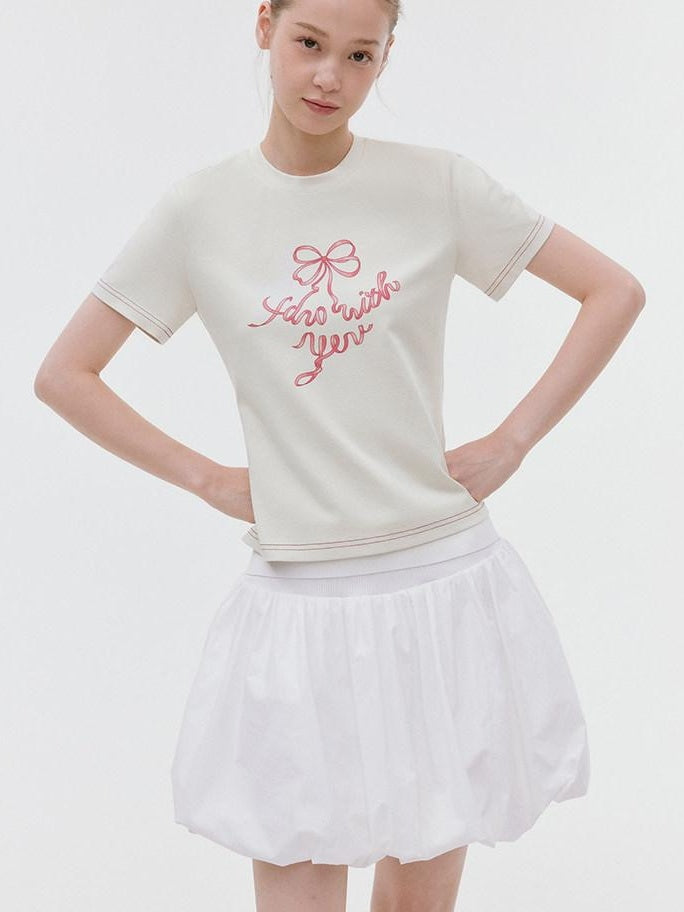 fano Butterfly Bow Print Cotton Blend Slim Korean Crew Neck Beige Basic Crop Tops