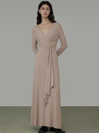 unspoken Lyocell V-neck High Waist Zip Longsleeve Pink Slim Knit Maxi Dresses