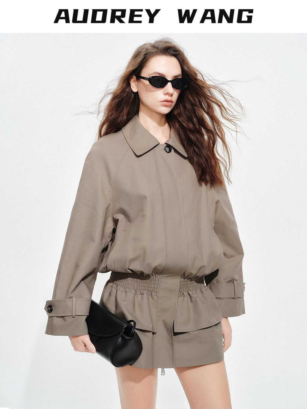 audreyyang Ruched Cotton Mid Length Zip Elastic Hem Long Sleeve Women Gray Cropped Jackets