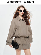 audreyyang Ruched Cotton Mid Length Zip Elastic Hem Long Sleeve Women Gray Cropped Jackets