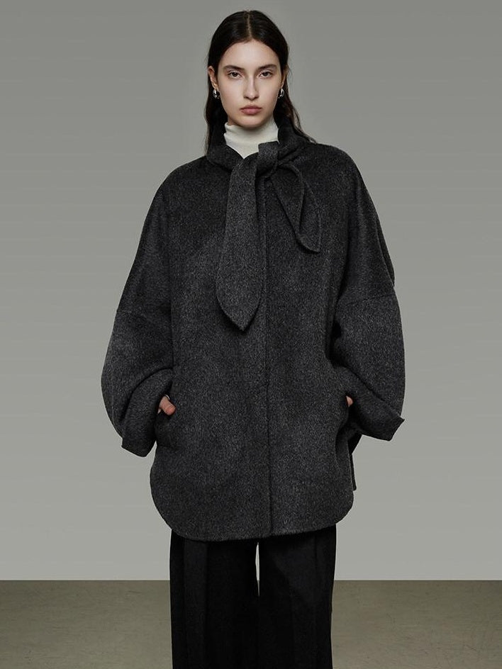 unspoken 100% Sheep Wool Relaxed Fit 3D Tailoring Commuter Women Deep Gray Wool Coats