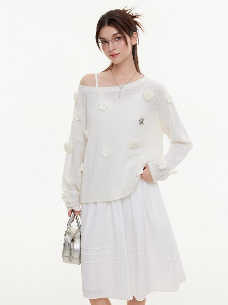ikyou Warm Wool Blend Pullover Loose Crochet 3D Detail Office Boat Neck White Sweaters