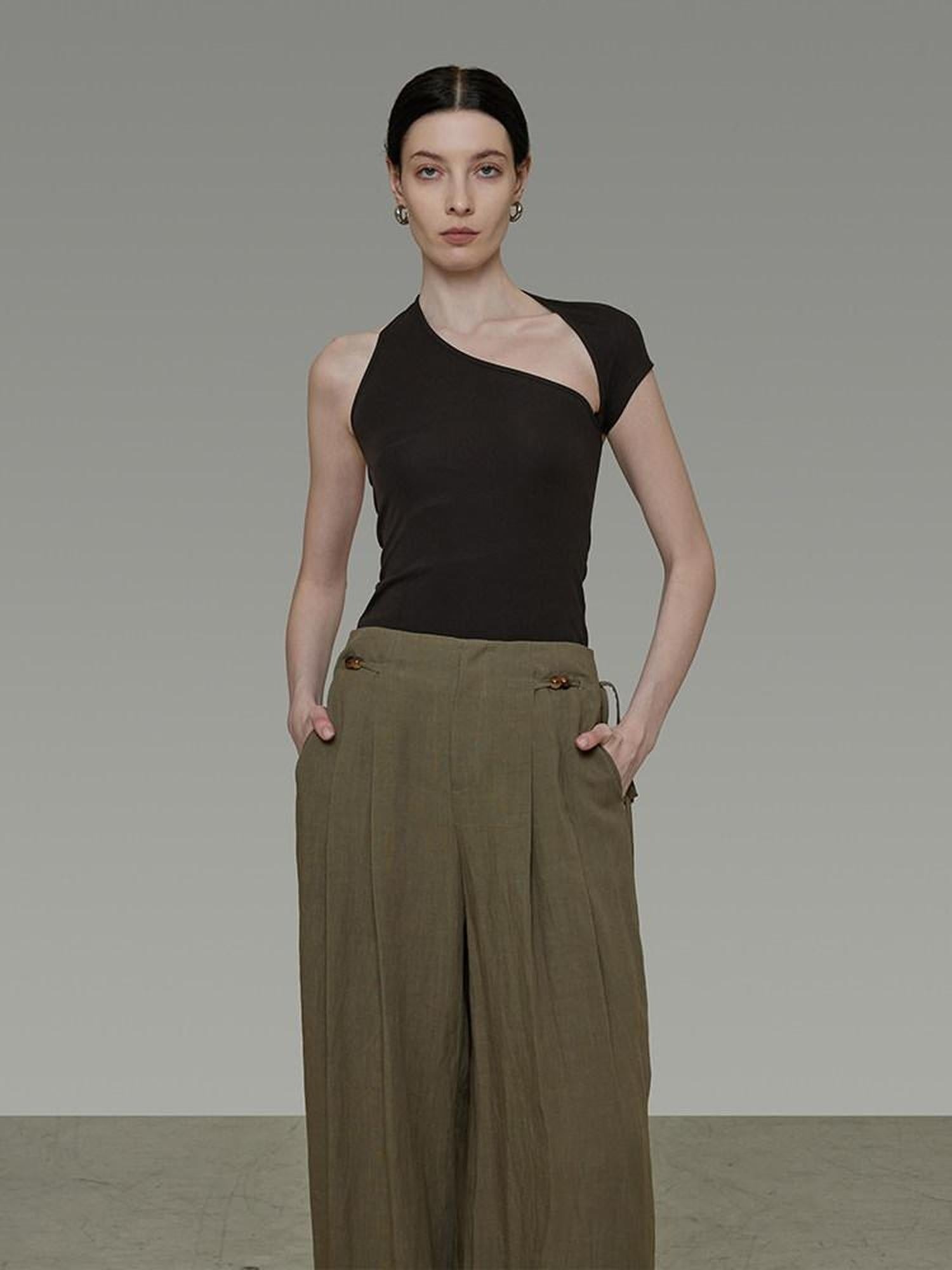 unspoken Soft Lyocell Asymmetric Neck Fitted Stone Green Off Shoulder Crop Tops