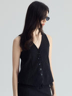 audreyyang Padded V-neck Striped Cropped Commuter Strap Women Black Single Button Vests