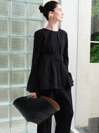 audreyyang Pleated Minimalist Office Loose Fit Bell Sleeve Women Black Polyester Blouses
