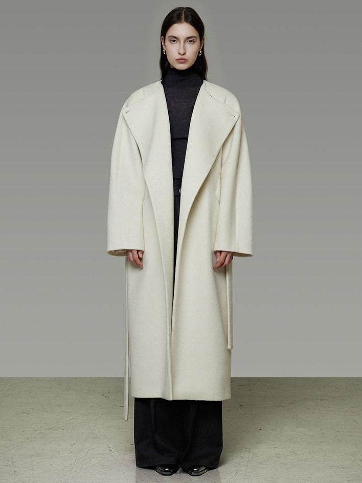 unspoken Lambswool Blend Tie Waist Oversized Commuter Longline White Wool Coats
