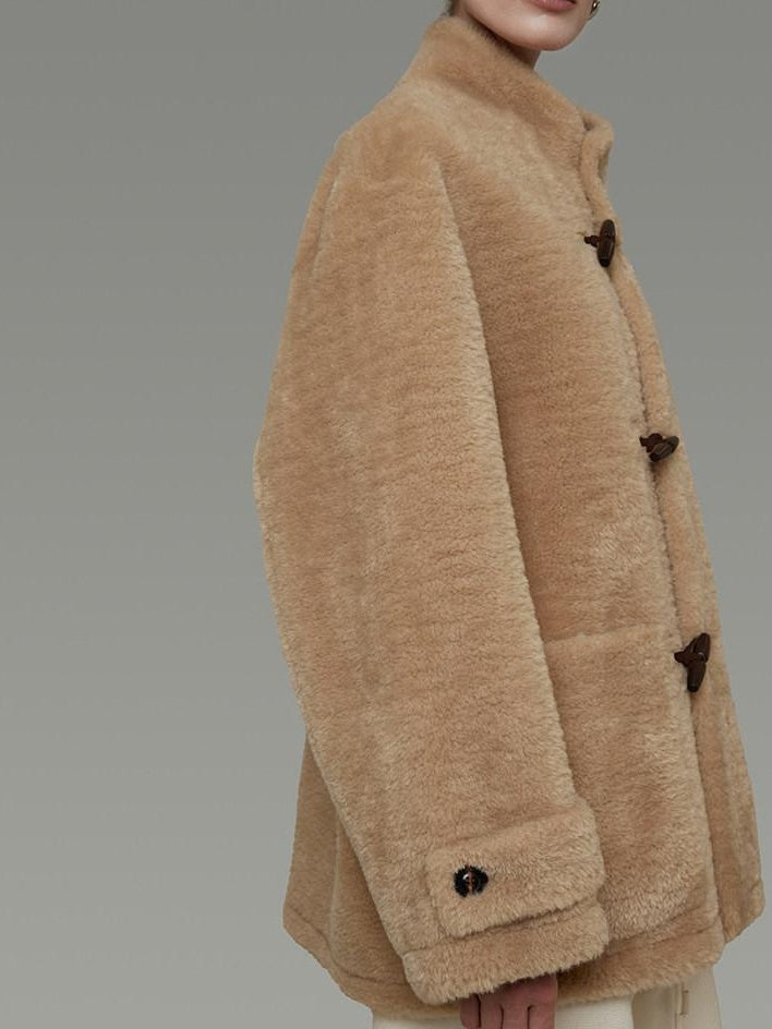 unspoken Warm Fur Lined Oversized Stand Collar Khaki Women Short Coat