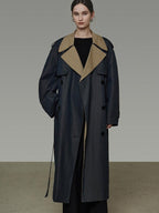 unspoken Navy Cotton Denim Double Breasted Loose Fit Commuter Women Trench Coats