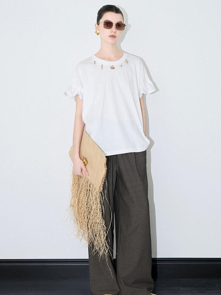 audreyyang Pure Cotton Loose Fit Casual Round Neck Women White Navy Short Sleeve T-Shirts