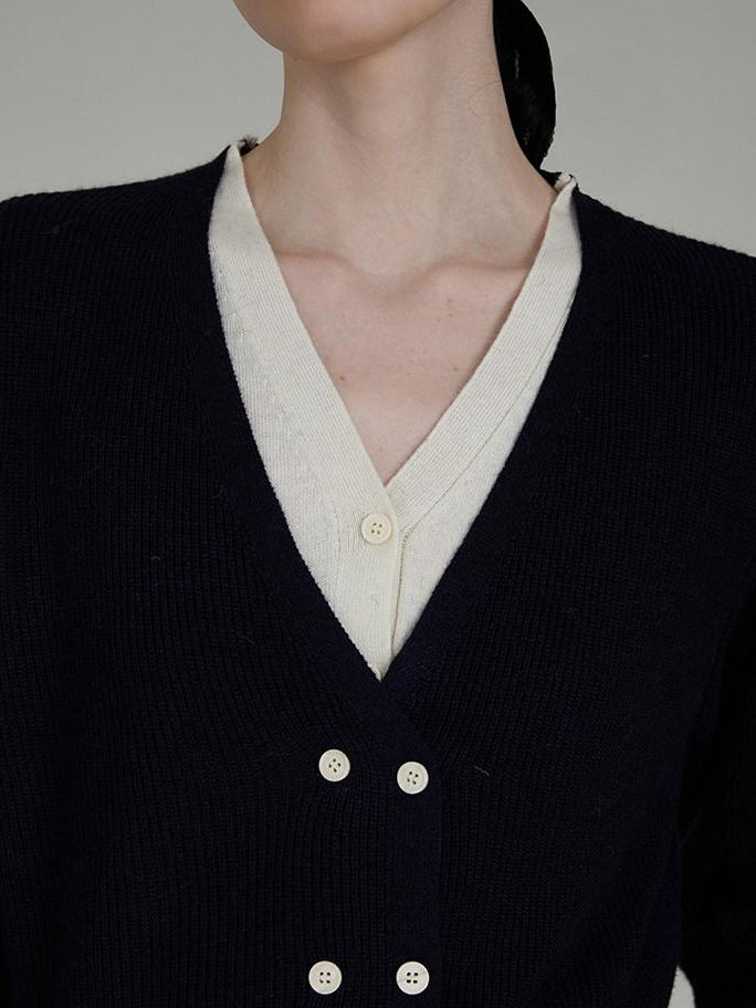 unspoken Minimal Commuter V-neck Button Loose Fit Cardigan Women Gray Colorblock Sweaters