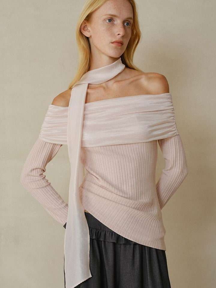 someonesometimes Cotton Blend Slim Fit Patchwork Knit Women Peach Pink Long Sleeve T-Shirts