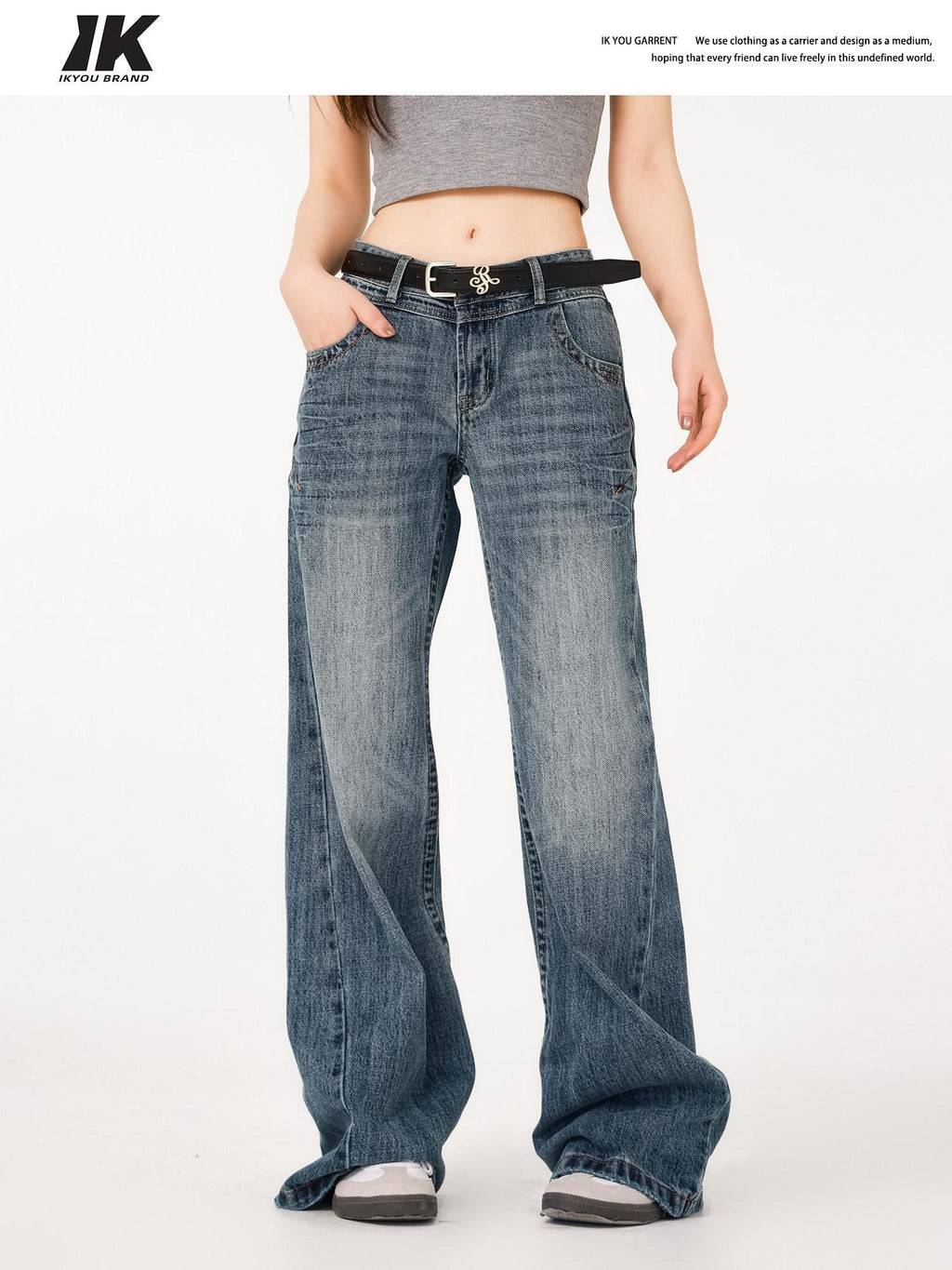 ikyou Durable Distressed Washed Blue Relaxed Natural Waist Rigid Denim Wide Leg Jeans