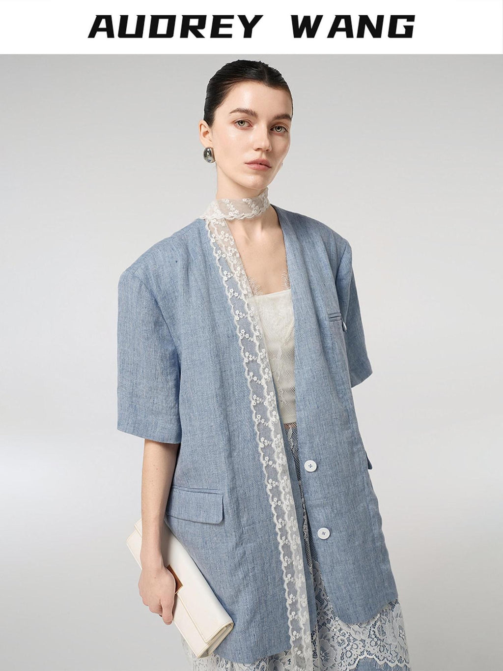 audreyyang Pure Linen Lightweight Relaxed Fit Lace Detail Commuter Women Wide Leg Pants