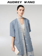 audreyyang Pure Linen Lightweight Relaxed Fit Lace Detail Commuter Women Wide Leg Pants