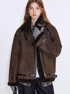 fano Chocolate Brown Fur Lined Stand Collar Loose Fit Casual Women Zip Bomber Jackets