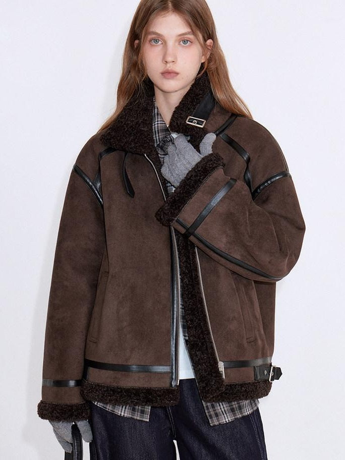 fano Chocolate Brown Fur Lined Stand Collar Loose Fit Casual Women Zip Bomber Jackets