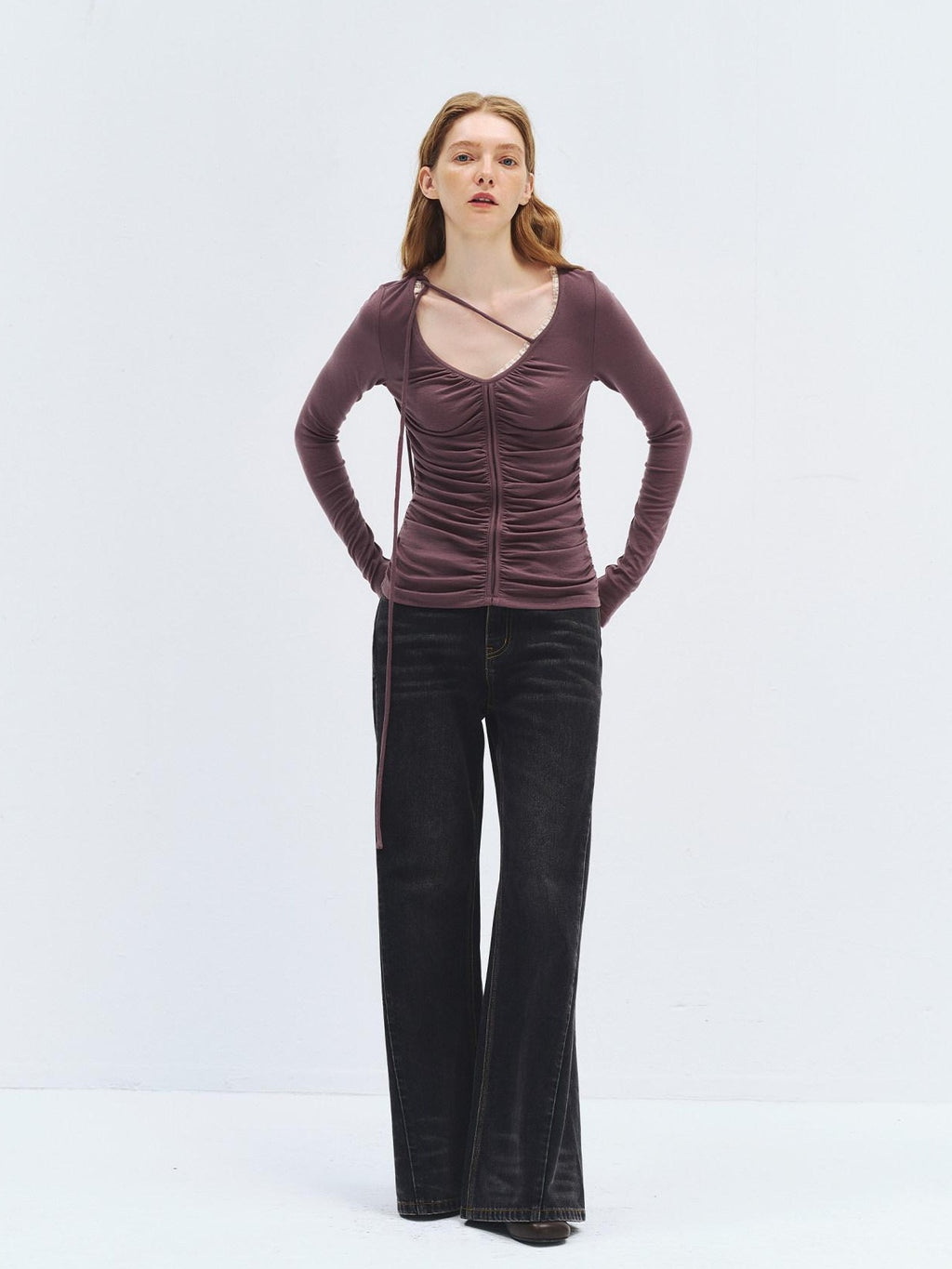 someonesometimes Lyocell Wool Slim Fit V-neck Knit Women Fig Purple Long Sleeve T-Shirts
