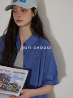 Lofi choose Lightweight Embroidered Plaid Button Down Loose Commuter Short Sleeve Women Shirts