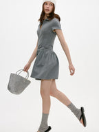 fano Soft Cotton Vintage Polo Collar A Line Natural Waist Girl Deep Gray Midi Dresses