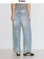 fano High Waist Cotton Floral Blue Zip Fly Loose Fit Women Straight Leg Jeans