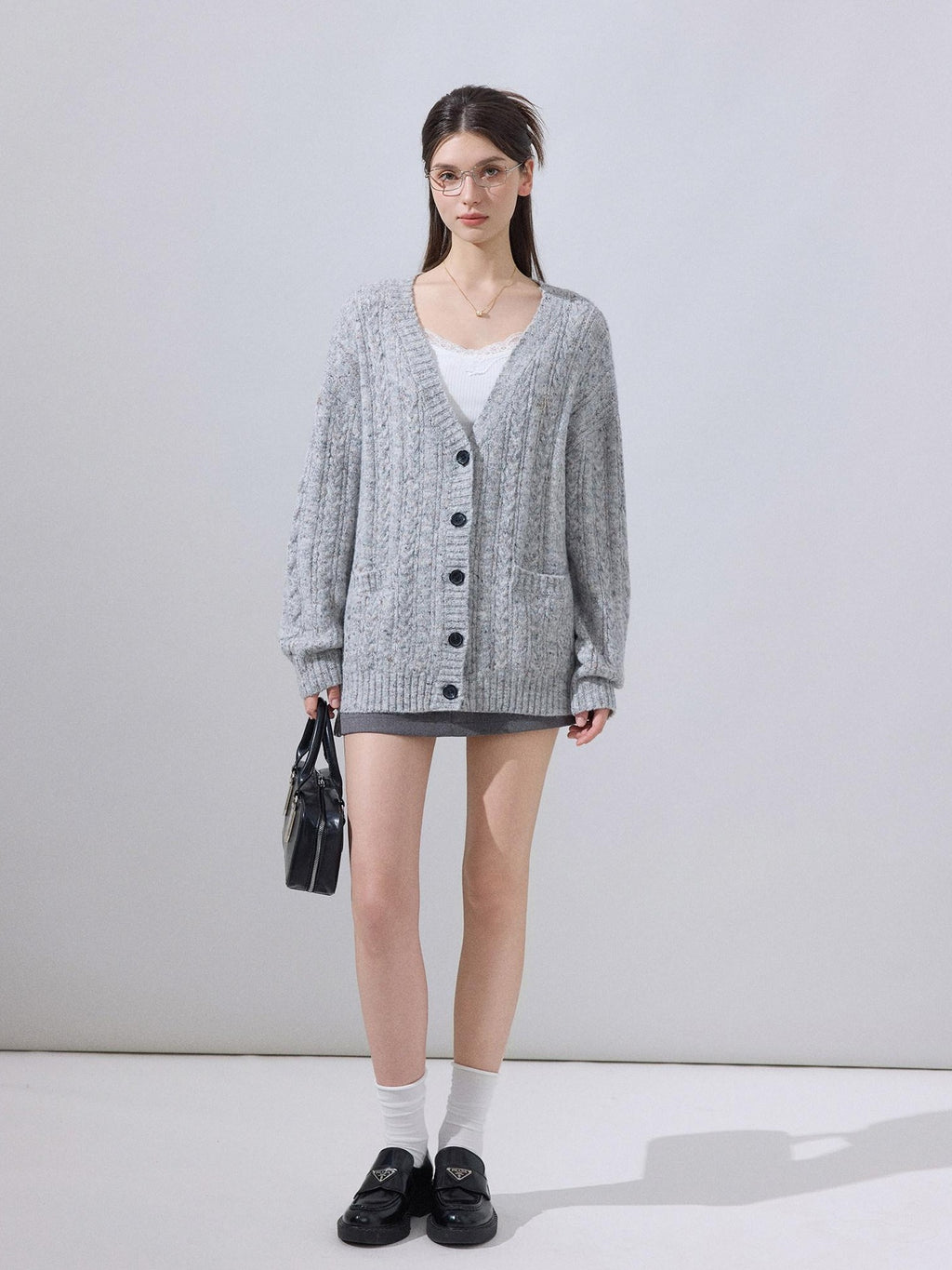 ikyou Soft Breathable Slouchy Loose V-neck Long Sleeve Gray Knit Casual Women Cardigans