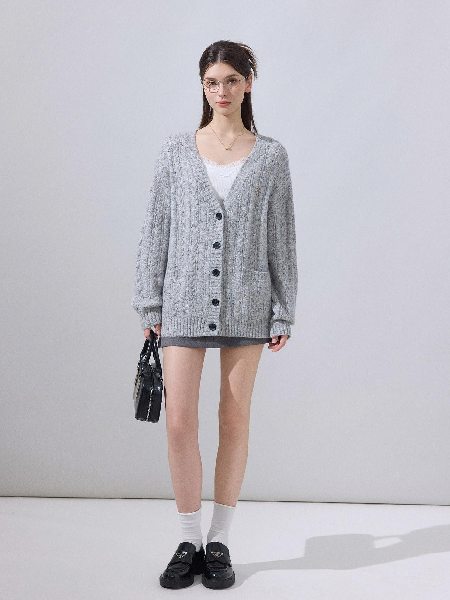 ikyou Soft Breathable Slouchy Loose V-neck Long Sleeve Gray Knit Casual Women Cardigans