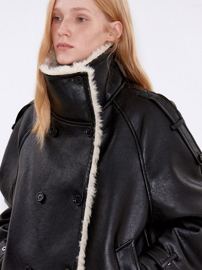 fano Warm Shearling High Collar Double Breasted Loose Fit Women Black Leather Jackets