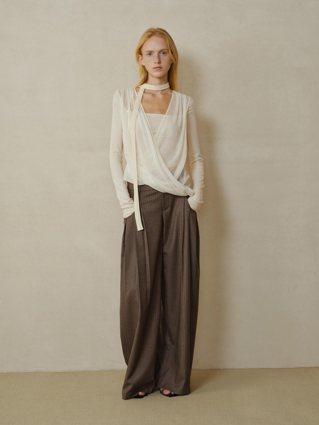 someonesometimes Shape Retaining Pleated Natural Waist Brown Striped Poly Stretch Wide Leg Pants