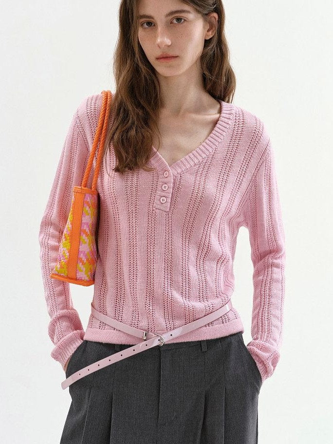 fano Soft Bubblegum Pink Slim Korean V-neck Long Sleeve Women Acrylic Sweaters