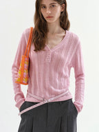 fano Soft Bubblegum Pink Slim Korean V-neck Long Sleeve Women Acrylic Sweaters