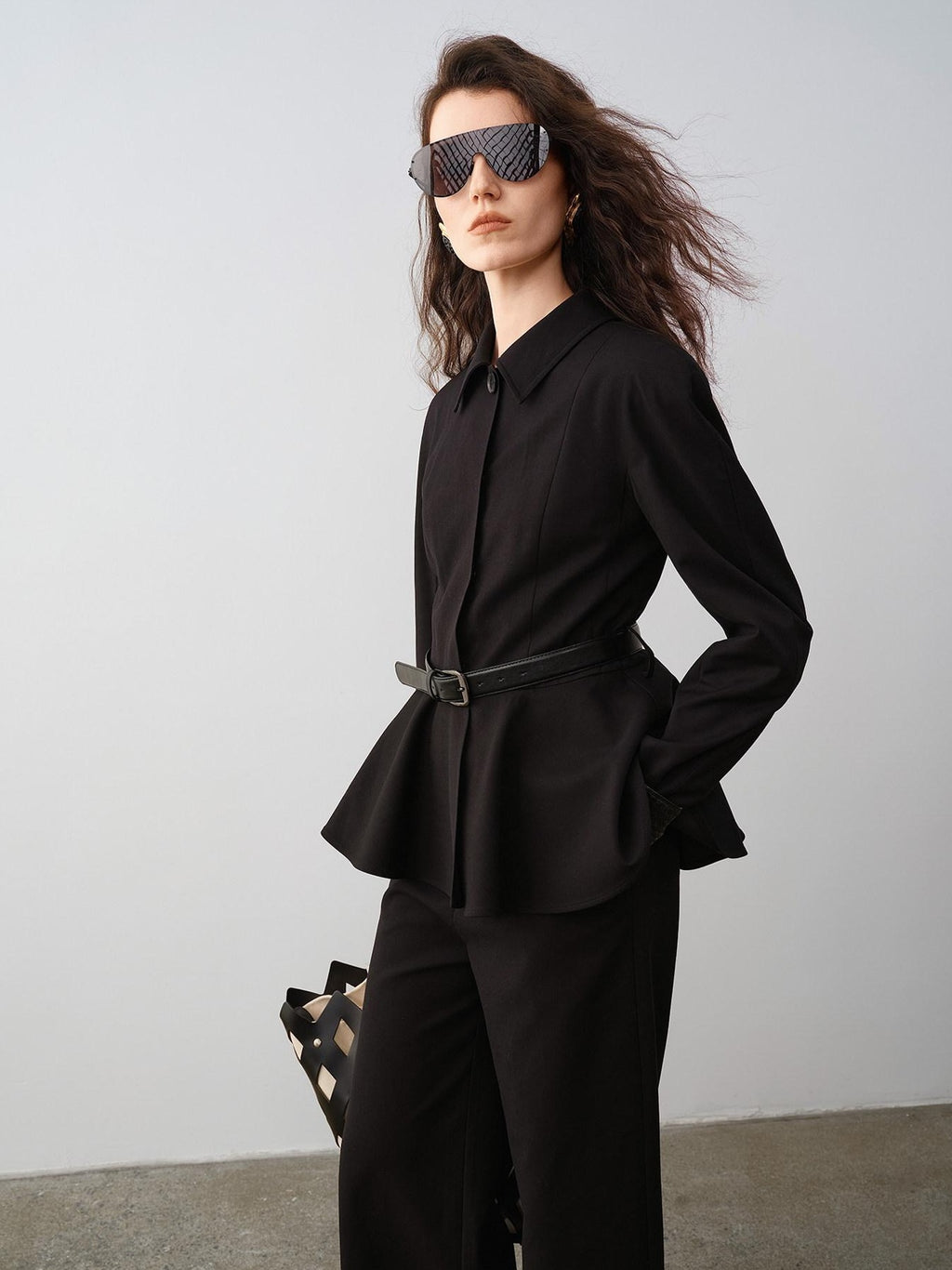 audreyyang Waist Slimming Casual Cropped Lapel Long Sleeve Black Polyester Top & Pants Sets
