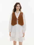 ikyou Versatile Cropped V-neck Distressed 3D Short Button Women Brown Vests