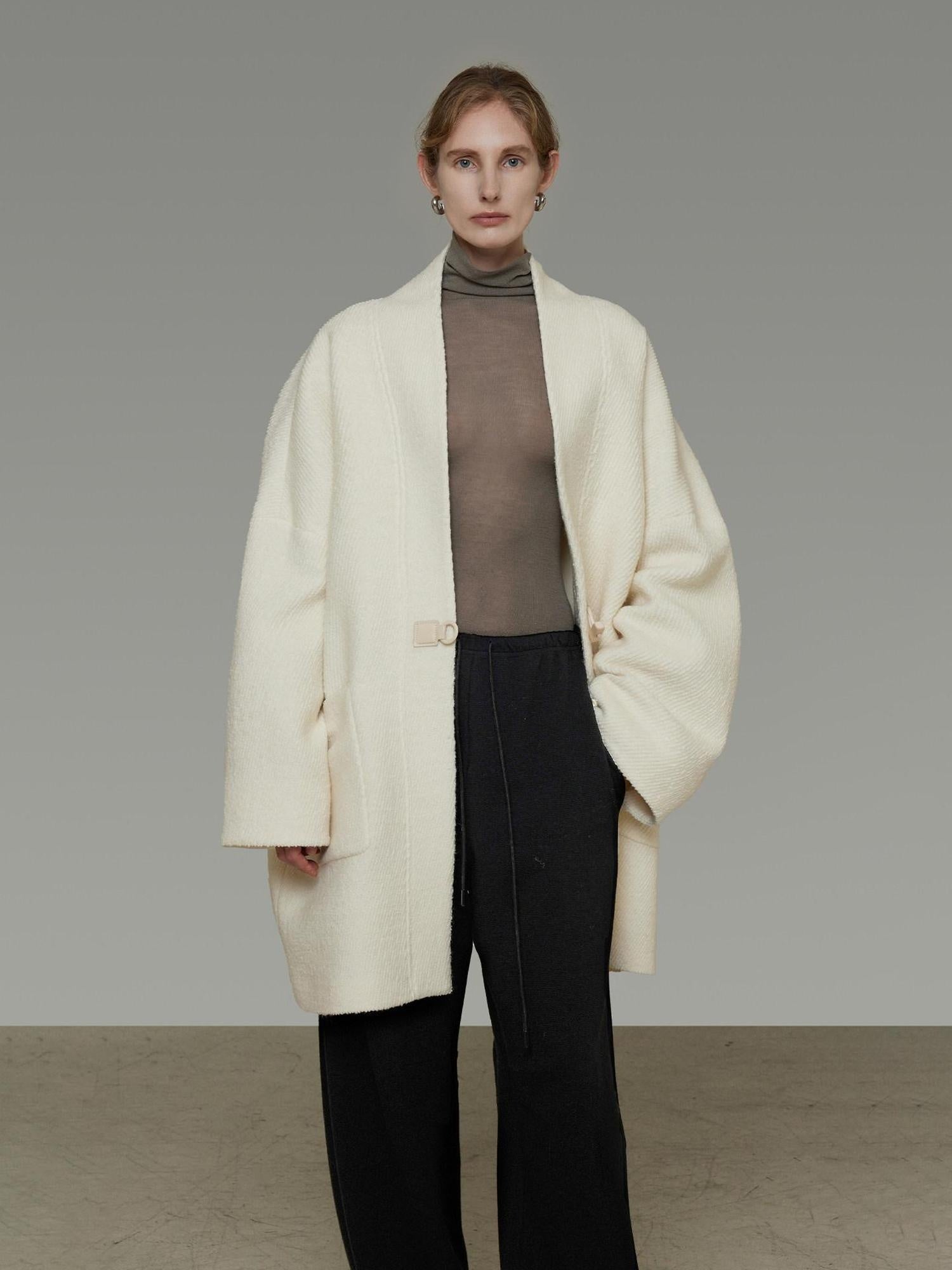 unspoken Minimal 3D Tailored Oversized Single Button Workwear White Mid Length Long Coats