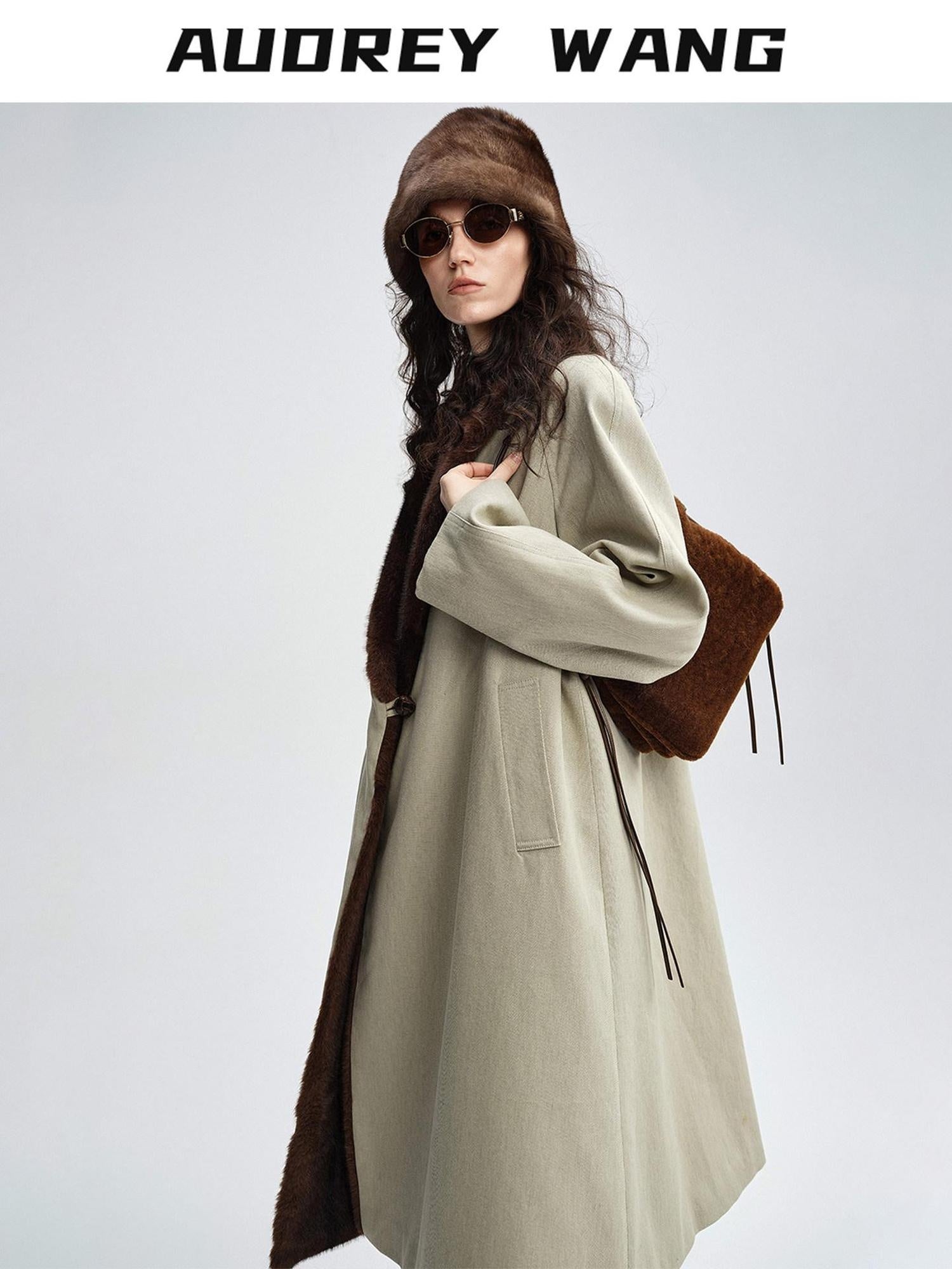 audreyyang Warm Thick Lapel Patchwork Slavic Loose Fit For Women Faux Fur Almond Long Coats