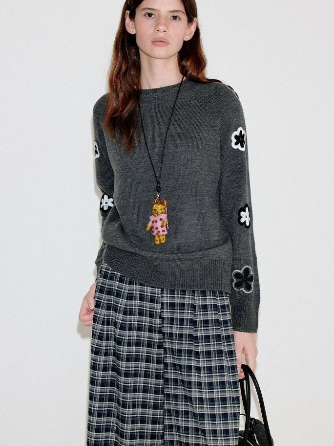 fano Warm Office Loose Crewneck Women Dark Gray Acrylic Knit Sweaters