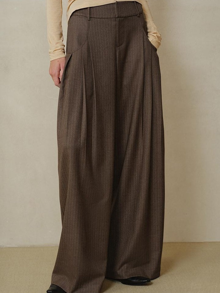 someonesometimes Shape Retaining Pleated Natural Waist Brown Striped Poly Stretch Wide Leg Pants