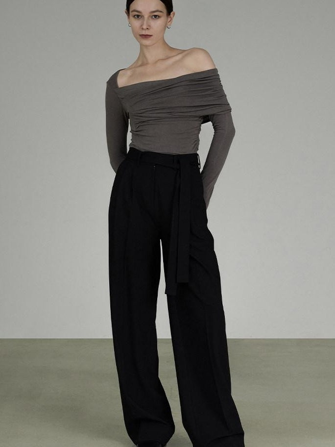 unspoken Slim Ruched Office Knit Long Sleeve Women Sage Green Off Shoulder Crop Tops