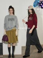 Lofi choose Embroidered Colorblock Loose Drop Shoulder Crewneck Female Cotton Sweatshirt