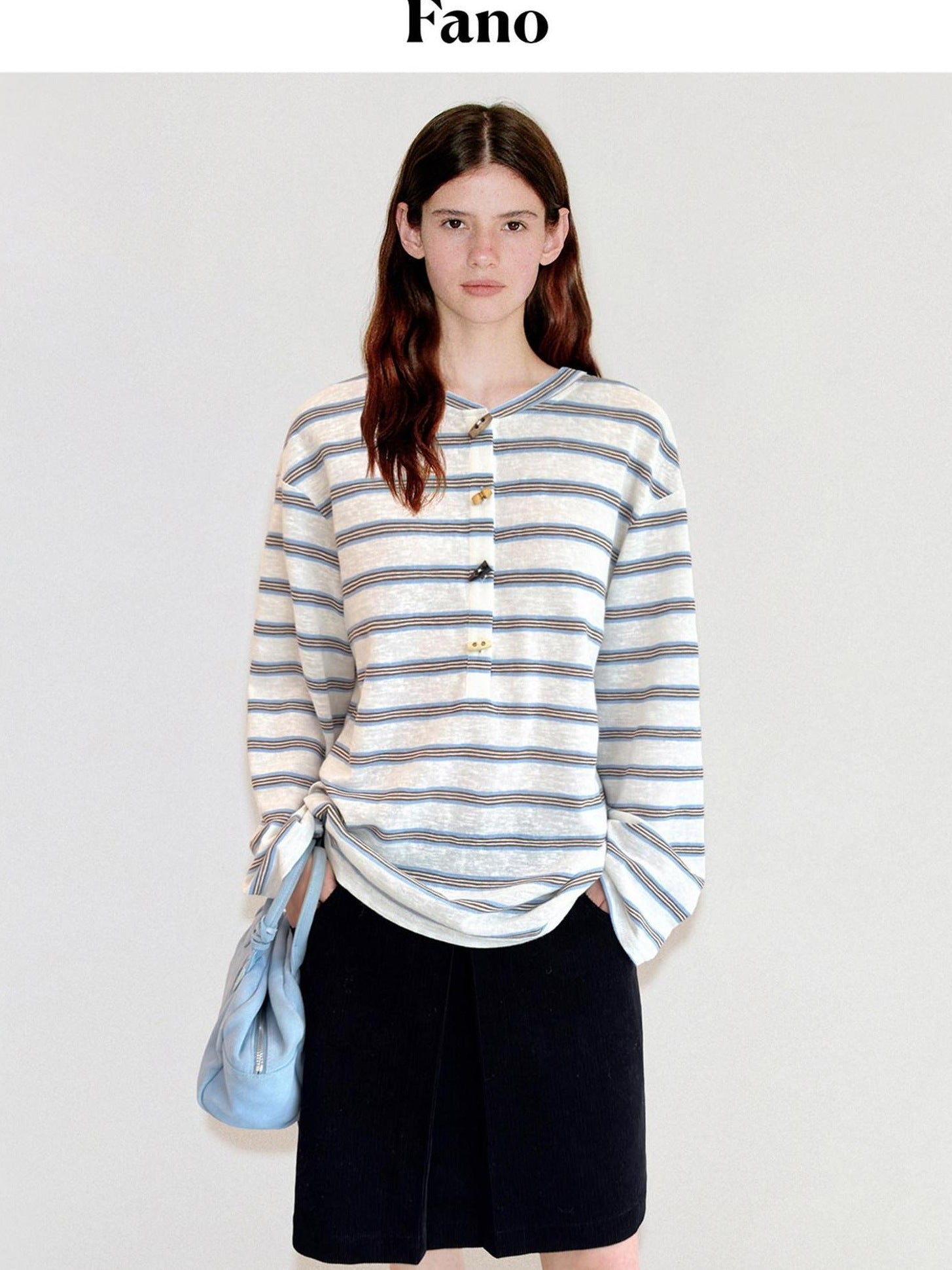 fano Cotton Blend Relaxed Loose Round Neck Women Striped Long Sleeve T-Shirts