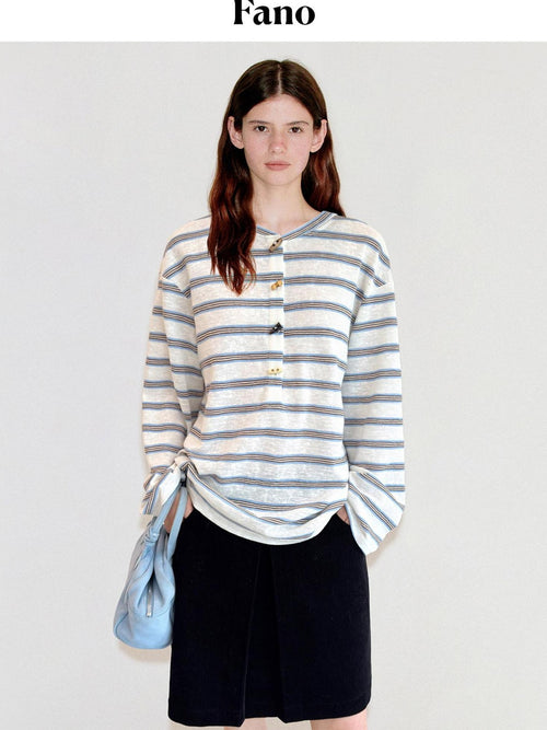 fano Cotton Blend Relaxed Loose Round Neck Women Striped Long Sleeve T-Shirts