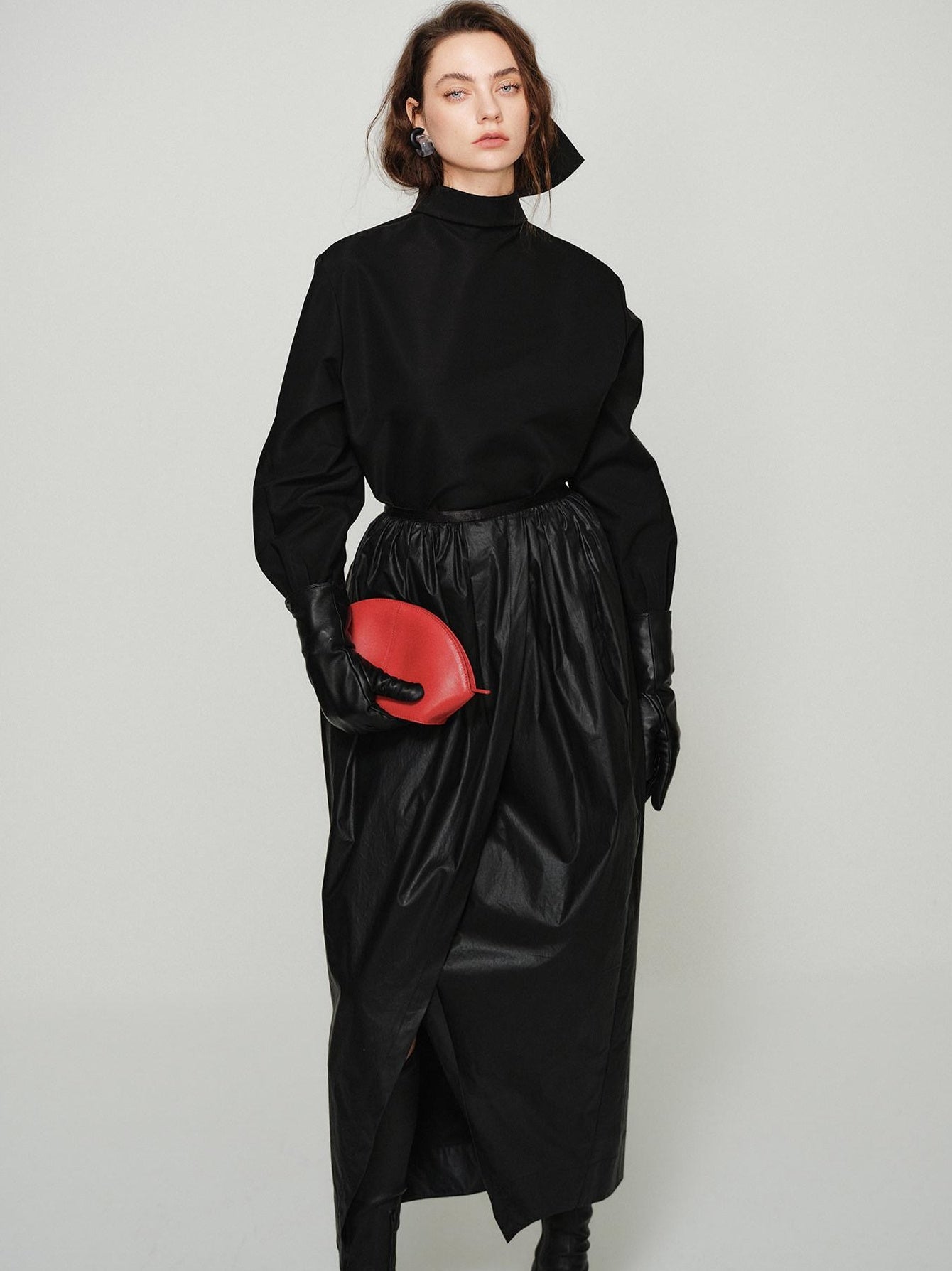 audreyyang Shape Retaining Cotton Pleated Bubble Midrise Elastic Front Slit Midi Skirts