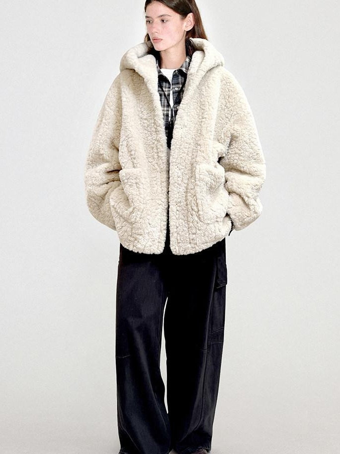 fano Warm Hooded Zip Closure Oversized Casual Boxy Fit Young Women Beige Short Coat