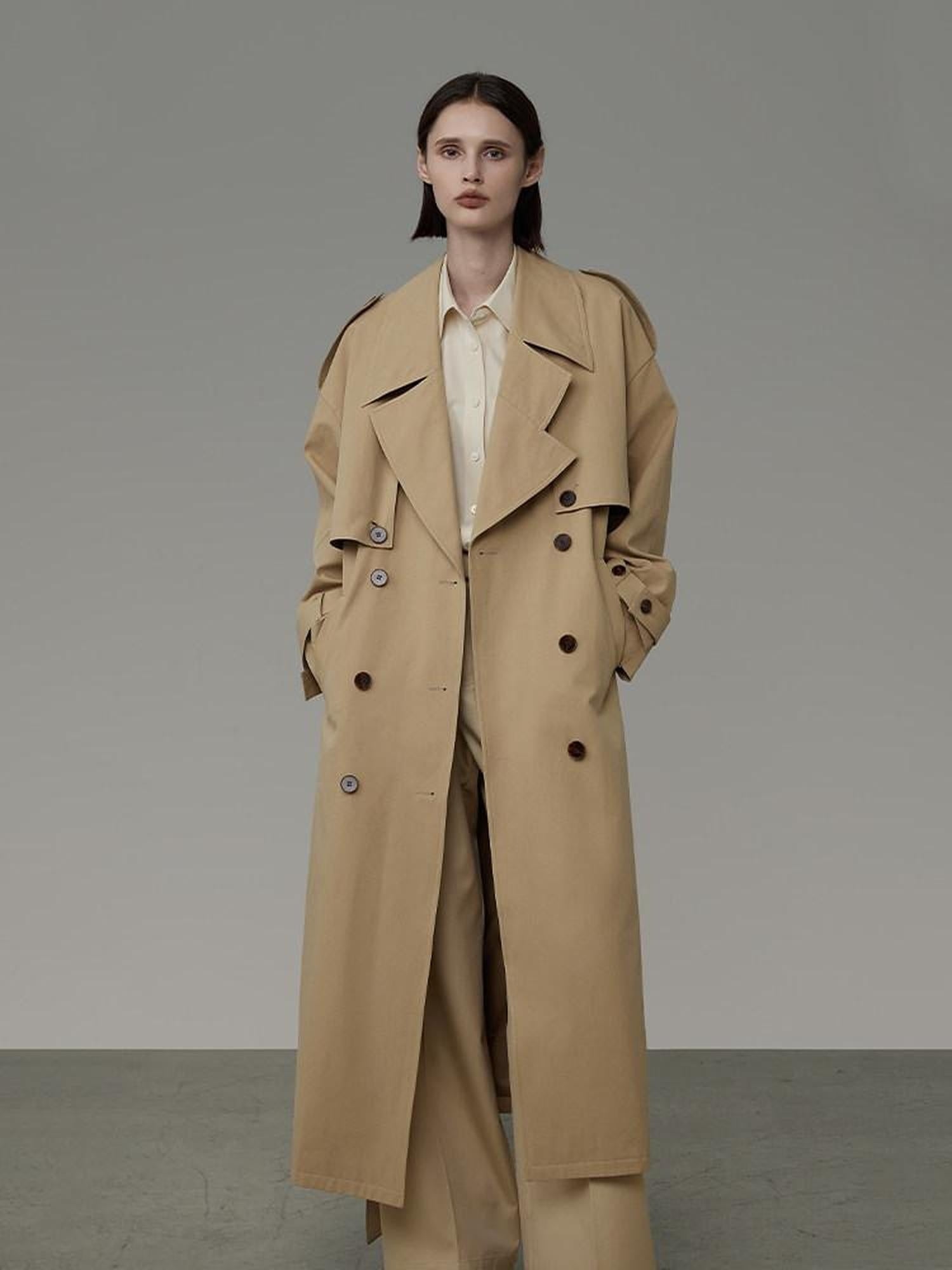 unspoken Pure Cotton Double Breasted Long Straight Minimal Women Khaki Trench Coats