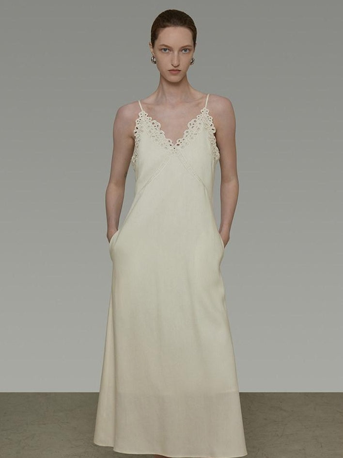 unspoken Embroidered Tencel A Line Cami V-neck Natural Waist Office White Maxi Dresses