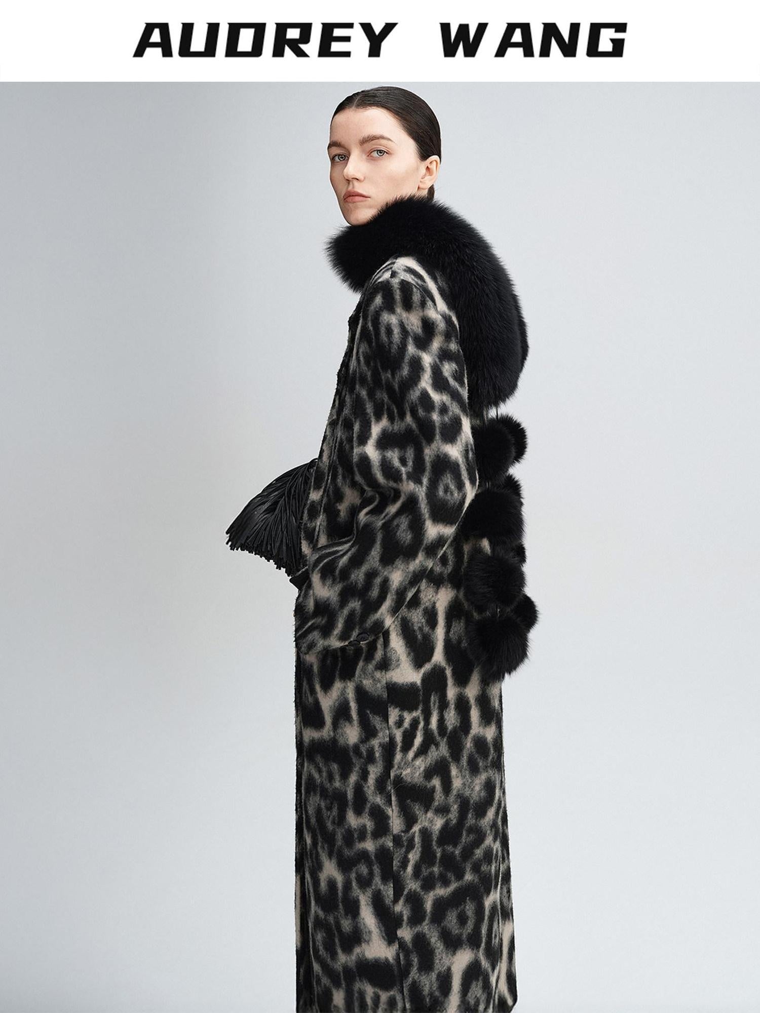 audreyyang Thick Wool Blend Retro Loose Leopard Double Breasted Lapel Long Coats
