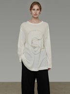 unspoken Lightweight Printed Minimalist Loose Round Neck Women Cream Pullover Sweaters