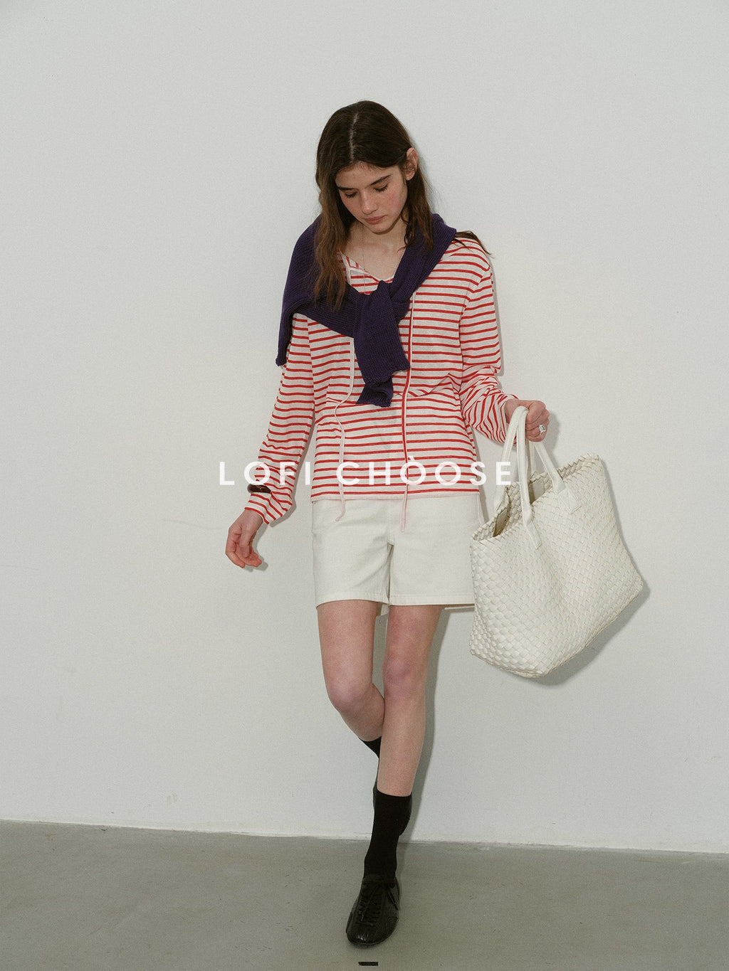 Lofi choose Soft Knit Loose Fit Commuter Women Red White Striped Long Sleeve T-Shirts