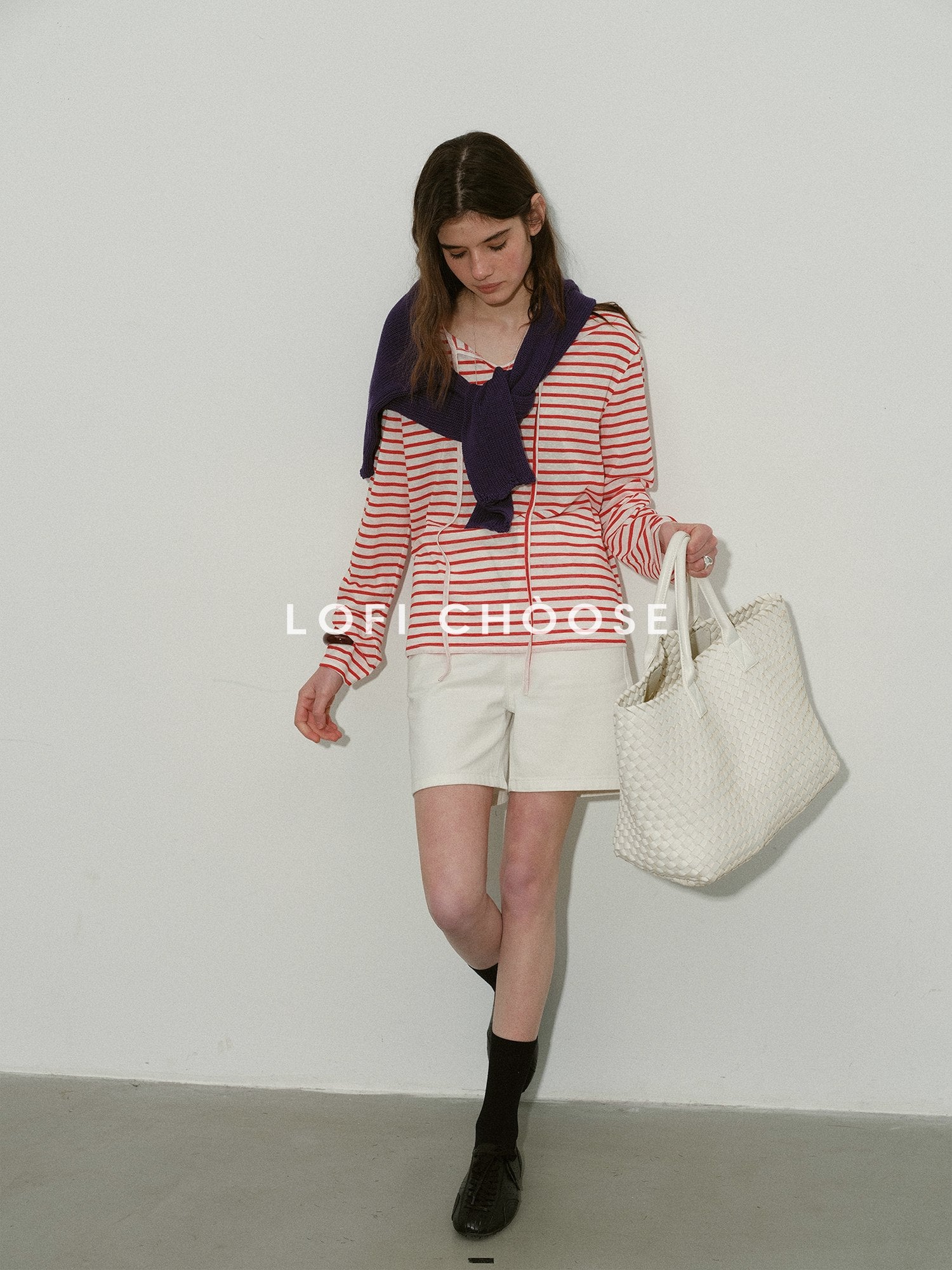 Lofi choose Soft Knit Loose Fit Commuter Women Red White Striped Long Sleeve T-Shirts